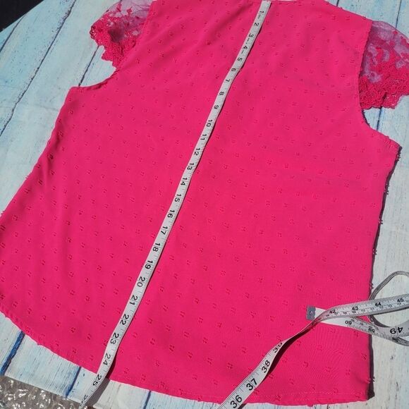 Women's Hot Pink Swiss Dot Lace V-Neck Short Sleeve Blouse Tops Size Large - Picture 14 of 15